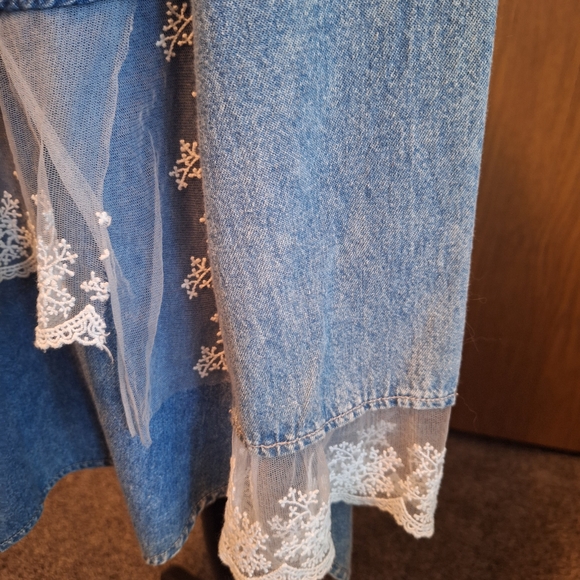 Elegant Lace Trim Denim Button Down Shirt - Picture 3 of 9